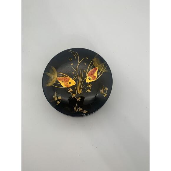 Vintage Black Lacqer Over Porcelain Hand painted Goldfish / Koi Trinket Box - Picture 2 of 6